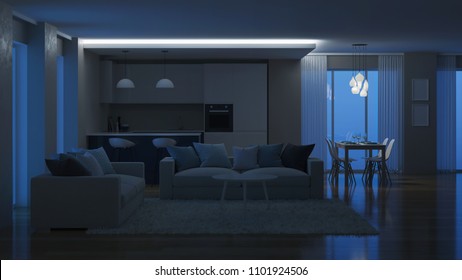 Modern House Interior. Evening Lighting. Night. 3D Rendering.