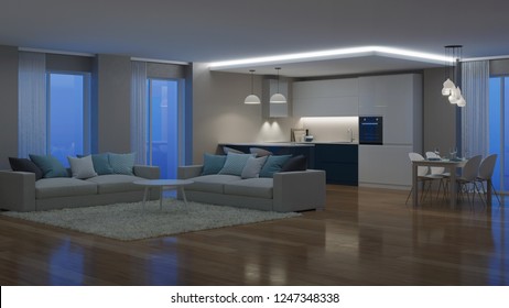 Modern House Interior. Evening Lighting. Night. 3D Rendering.