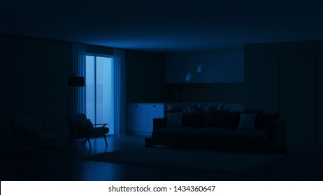 Modern House Interior. Green Color In The Interior. Night. Evening Lighting. 3D Rendering.