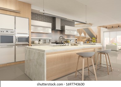 Modern House Interior Kitchen With Living Room Design. 3D Render	