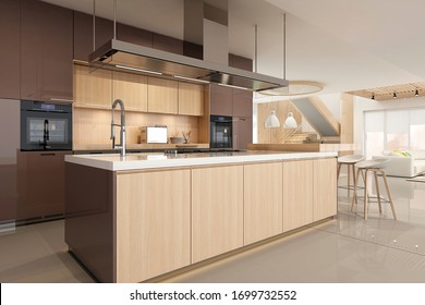Modern house interior kitchen with living room design. 3D Render