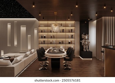 Modern house interior of a luxurious room with a poker table, a sofa, and a shelving unit - Powered by Shutterstock