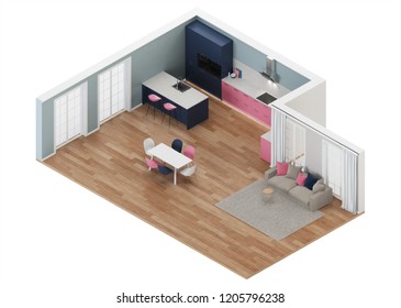 Modern House Interior. Pink Kitchen. Orthogonal Projection. View From Above. 3D Rendering.