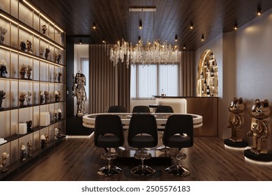 Modern house interior with a poker table, a bar, and a shelf with figurines. There's a chandelier and dark wood floors. - Powered by Shutterstock