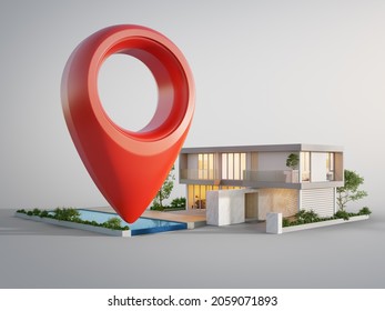 Modern House With Location Pin Icon On White Background In Real Estate Sale Or Property Investment Concept. Buying Land For New Home. 3d Illustration Of Big Red Map Pointer Symbol Near Small Building.