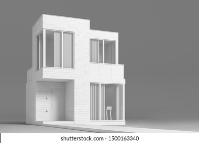 Modern House Outside View In White Material Simulating The Layout.3D Illustration