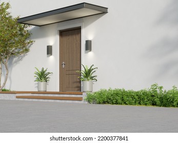 Modern House With Patio And Entrance Wooden Deck Floor. 3d Rendering.