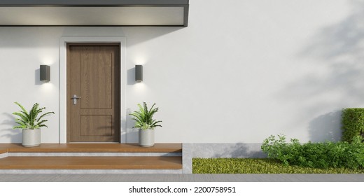 Modern House With Patio And Entrance Wooden Deck Floor. 3d Rendering.