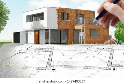 Modern House With A Plan And 3D Illustration And A Pen