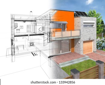 Modern house in the section with visible infrastructure and interior. Outline sketch and rendering.