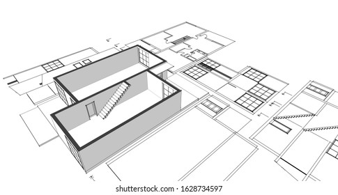 Modern House Sketch Plan 3d Illustration: ภาพประกอบสต็อก 1628734597