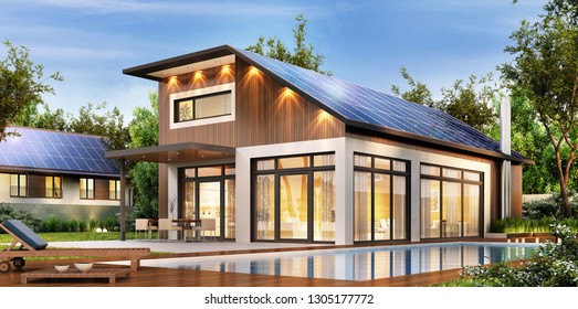 Modern house with solar panels on the roof. 3D rendering