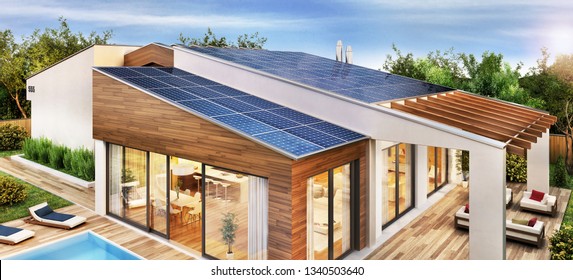 Modern House With Solar Panels On The Roof. 3D Rendering