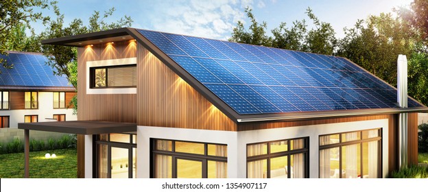 Modern house with solar panels on the roof. 3D rendering