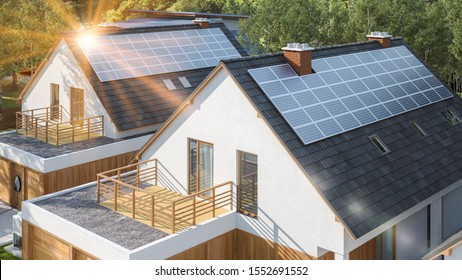Modern house with solar panels on the roof 3d illustration