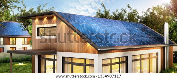 Maison Moderne Avec Panneaux Solaires Sur Illustration De Stock