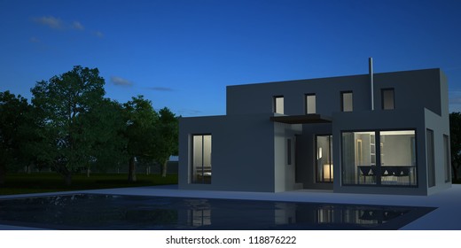 Modern House With Swimming Pool In Night Vision