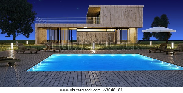 Modernes Haus Mit Pool In Der Stockillustration 63048181