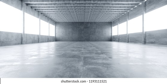 Modern Huge Concrete Material Empty Hall With Many Columns And Big White Glowing Windows Wallpaper Space For Text 3D Rendering Illustration