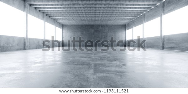 多数の柱と大きな白い輝く窓を持つ 現代的な巨大なコンクリートマテリアル空のホール テキスト3dレンダリングイラスト用の壁紙スペース のイラスト素材