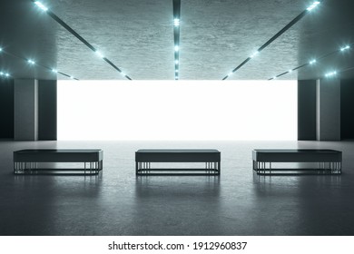 Modern Huge Hall Room With Blank White Screen, Concrete Floor With Benches And Glowing Led Lights On Ceiling. Mockup. 3D Rendering