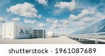 Modern hydrogen energy storage system accompaind by large solar power plant and wind turbine park in sunny summer afteroon light with blue sky and scattered clouds. 3d rendering.