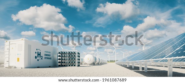 Modern\
hydrogen energy storage system accompaind by large solar power\
plant and wind turbine park in sunny summer afteroon light with\
blue sky and scattered clouds. 3d\
rendering.