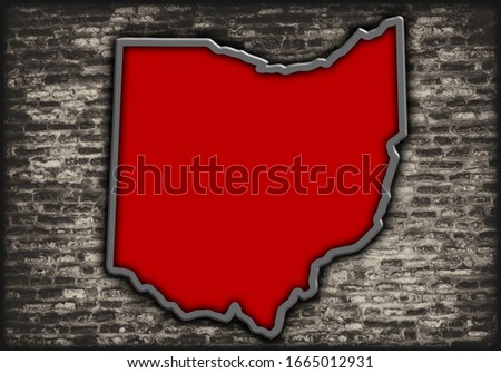 Modern illustrated 3D rendering of the state of Ohio silhouette in red and gray shadowed on top of dark distressed textured brick wall background