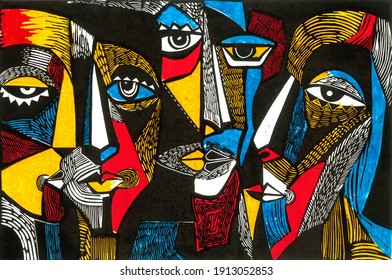 Modern illustration in linocut style. Surreal colored faces with patches of yellow, red, white, blue and black. Stylish image for design.
 - Powered by Shutterstock