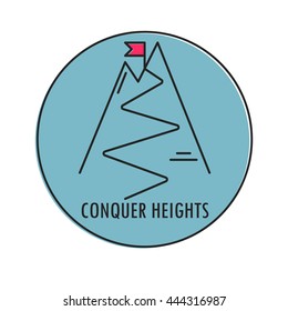 Modern Illustration Of Mountain With Red Flag On A Peak. Conquer Heights. Icon In A Blue Circle Isolated On A White Background. For Use As Design Element Or Logo. Made In Trendy Thin Line Style