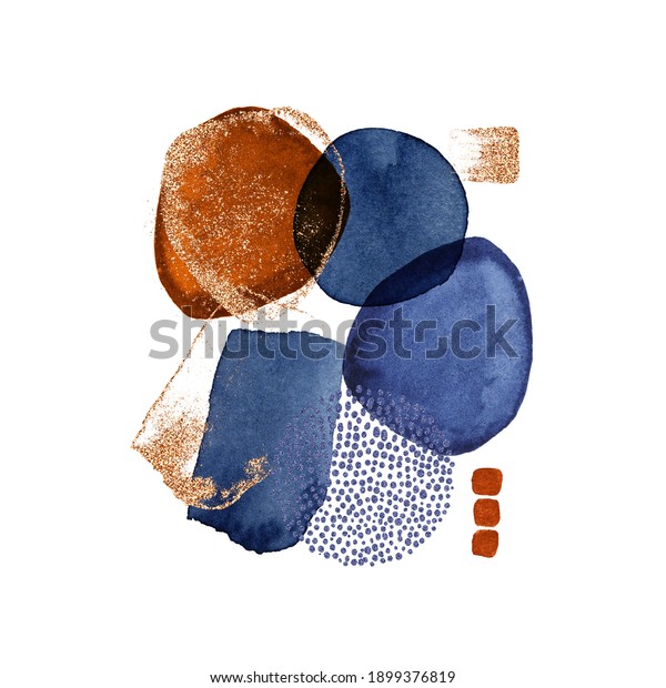 Modern\
illustration with watercolor circles, stains, gold lines, powder,\
brush strokes. Blue, brown transparent circles for wall pictures,\
logo, covers isolated on white\
background.