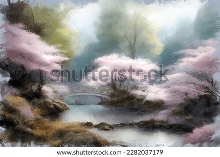 Modern impressionist oil painting of lush blooming spring japanese garden with pink sakura cherry trees in full blossom and bridge over river. My own digital art illustration landscape.
