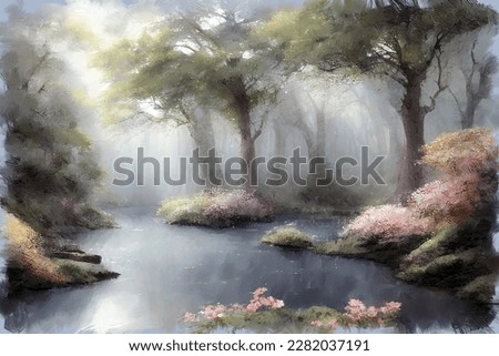 Modern impressionist oil painting of lush blooming spring forest or garden with pink sakura cherry trees in full blossom and calm river. My own digital art illustration landscape.