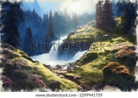 Modern impressionist oil painting of scenic mountain landscape with river waterfall flow among rocks in foothill forest . My own digital art illustration of desolate tranquil place.