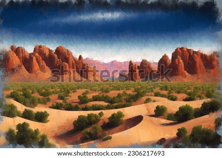 Modern impressionist oil painting sketch of picturesque desert landscape with shrubs on sand dunes and canyon mountains on background. My own digital art illustration of fantastic wilderness scenery.