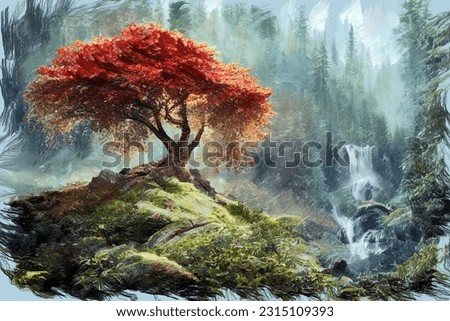 Modern impressionist oil painting sketch of scenic woodland landscape with single lush colorful autumn tree on hill and spruce forest with waterfall on background. My own digital art illustration.