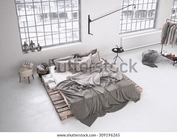 Modern Industrial Bedroom Loft 3d Rendering Stock