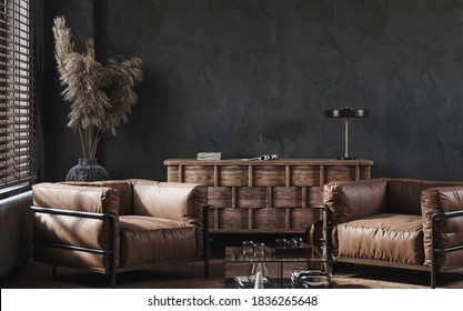 Modern industrial interior with leather furniture, luxury office, 3d render