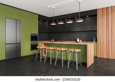 Modern Industrial Kitchen Interior With Black And Green Design, Ceiling Lamp Over Breakfast Bar, Wood Details, Tiled Flooring And Integrated Equipment. Minimalist Concept. Corner View. 3d Rendering