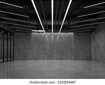 Modern industrial loft style empty room with concrete suface 3d render,there are black ceiling with building system pipe decorate with neon light