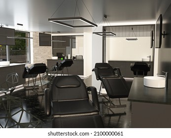 Modern Interior 3D Render Of Tattoo Shop With Epoxy Floor 