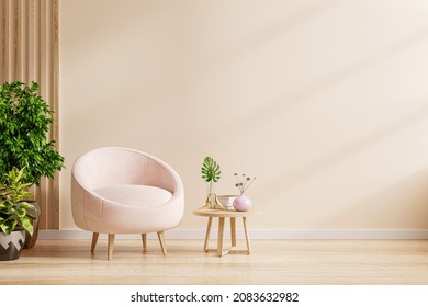 Modern interior with an armchair on empty cream color wall background.3D rendering