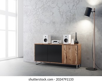 Modern interior with Audio stereo system mockup with white speakers on bureau, 3d rendering