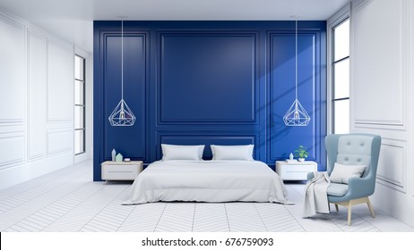 Modern interior of Bedroom ,white bed with light blue armchairs on white flooring and dark blue wall ,3d rendering