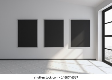 Modern interior with black billboard on concrete wall, city view and sunlight with shadows. Mock up, 3D Rendering 
