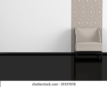 Modern Interior, Brown Armchair Indoor, Black Glossy Floor, White Wall. 3d Render/illustration