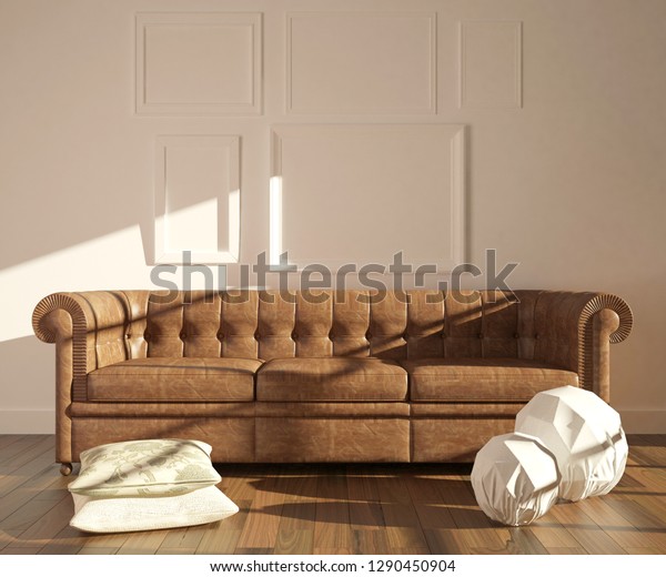 Modern Interior Chesterfield Sofa Pillows Lamps Stock