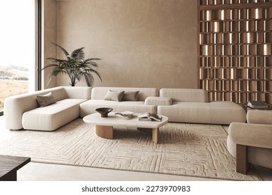Modern interior composition with modular sofa, large carpet and decor palm tree. Big window with landscape view. Decoration wooden panels. 3d rendering. High quality 3d illustration. 3D Illustration - Shutterstock ID 2273970983