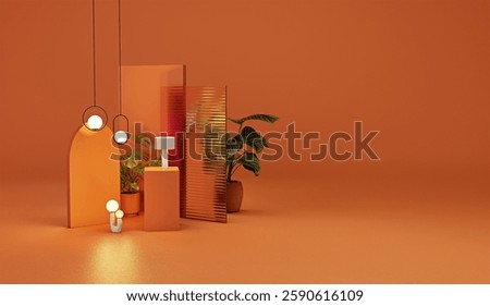 Modern interior composition with warm orange tones, designer lamps, and tropical plants, 3D rendered illustration