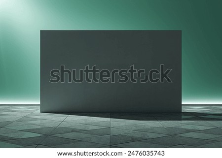A modern interior concept with an empty, dark wall on a green background and geometric patterned floor. 3D Rendering